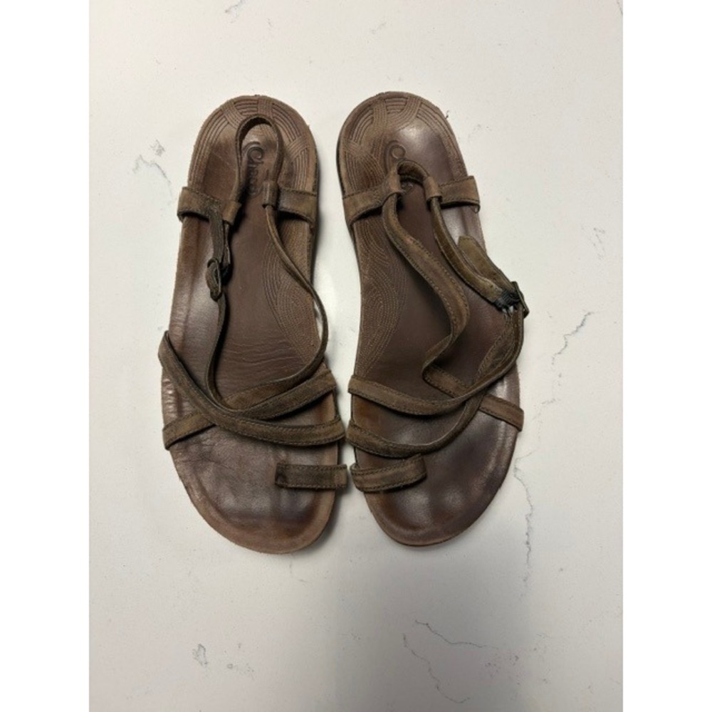 Chaco Women Brown Leather Strappy Toe Loop Sandals Buckle LUVSEAT Footbed sz 10